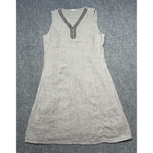 Lina Tomei Dress Womens Large Beige Linen Beaded V Neck Sleeveless Italy
